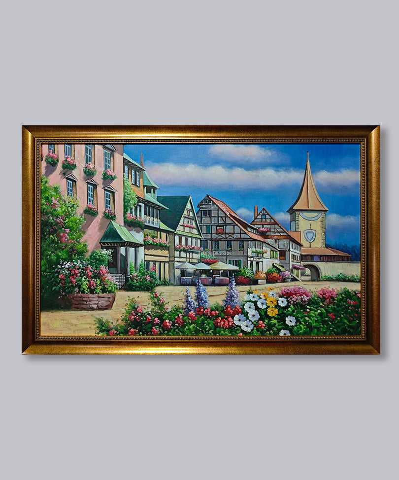 Hand-painted oil painting with wooden frame