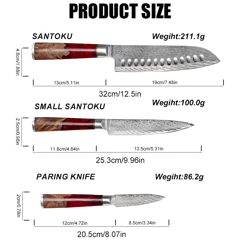 3-piece Santoku knife set made of 67-layer Damascus steel