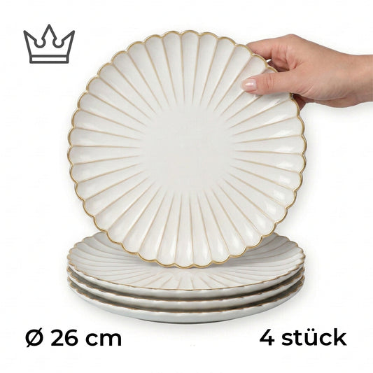4er-Set Premium Porzellan Speiseteller Ø26 cm – Elegantes Wellendesign mit edlem Goldrand