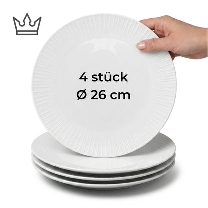 4er-Set Premium Porzellan Speiseteller Ø26 cm – Elegantes Rillendesign in edlem Weiß