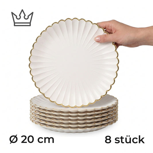 8er-Set Premium Porzellan Speiseteller Ø20 cm – Elegantes Wellendesign mit edlem Goldrand