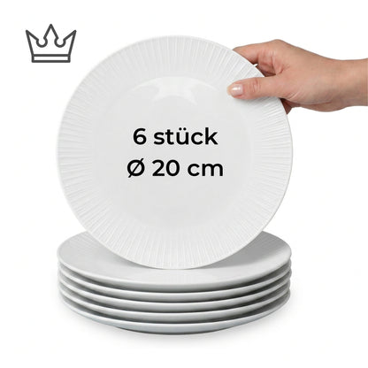 6er-Set Premium Porzellan Speiseteller Ø20 cm – Elegantes Rillendesign in edlem Weiß