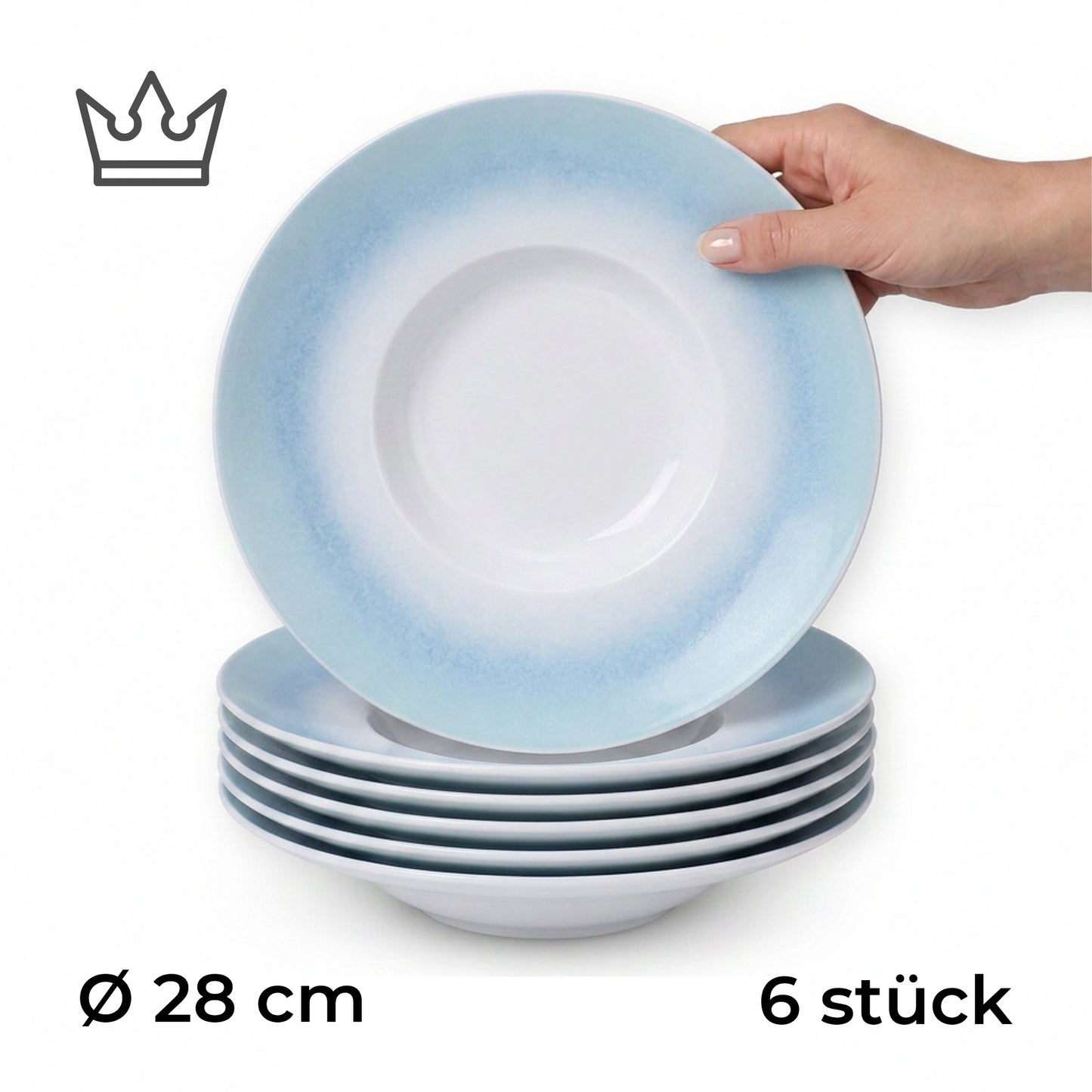 6er-Set Premium Porzellan Pastateller Ø28 cm – Elegantes Ombré-Design in Meeresblau