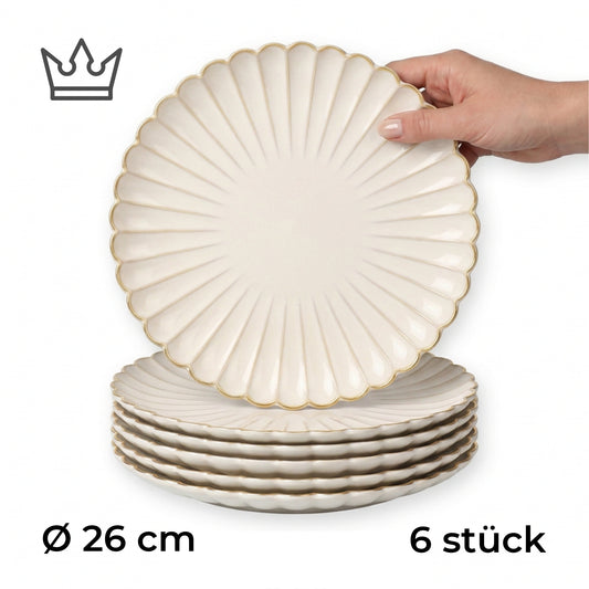 6er-Set Premium Porzellan Speiseteller Ø26 cm – Elegantes Wellendesign mit edlem Goldrand
