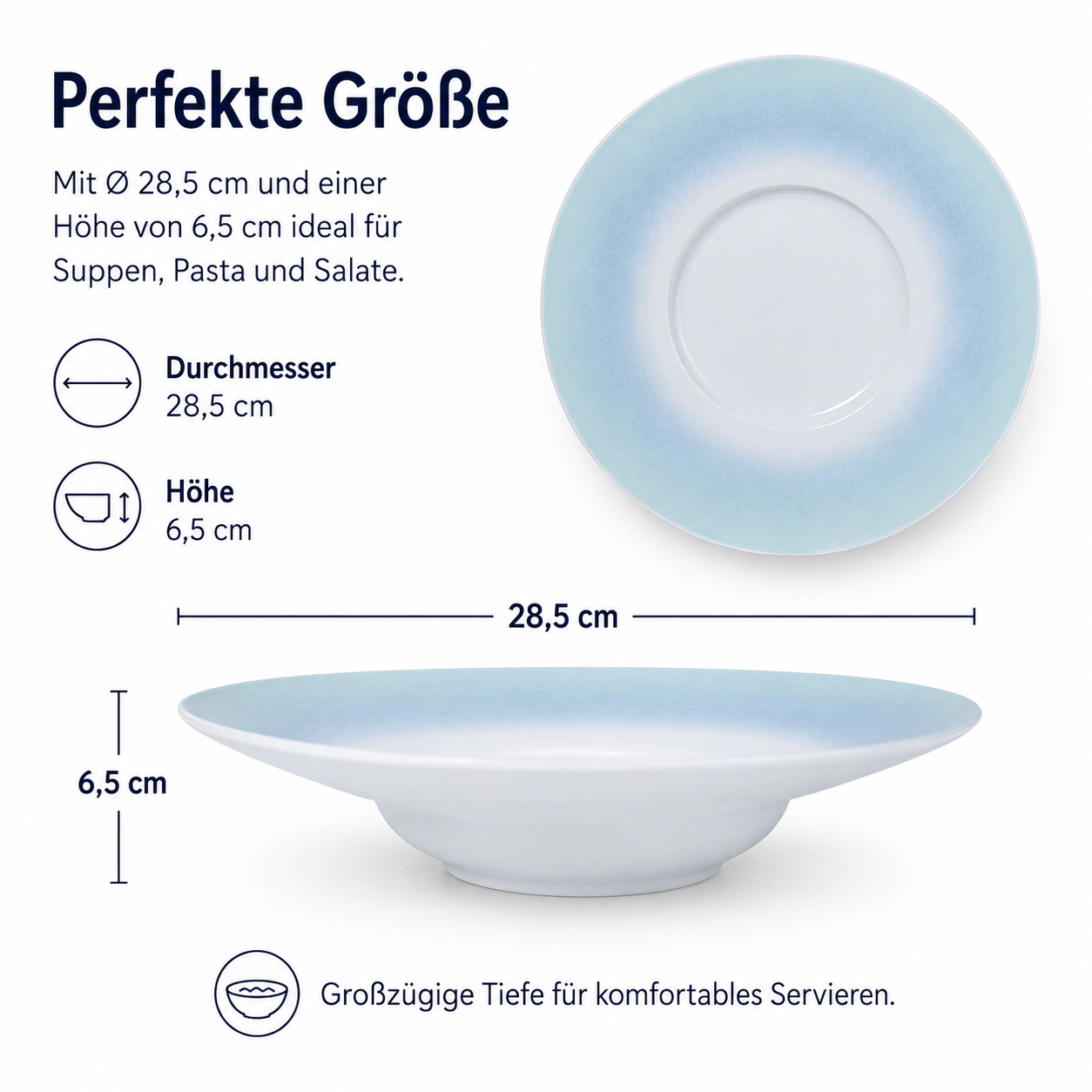 4er-Set Premium Porzellan Pastateller Ø28 cm – Elegantes Ombré-Design in Meeresblau