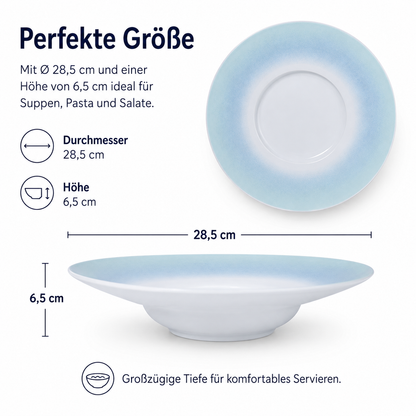 4er-Set Premium Porzellan Pastateller Ø28 cm – Elegantes Ombré-Design in Meeresblau