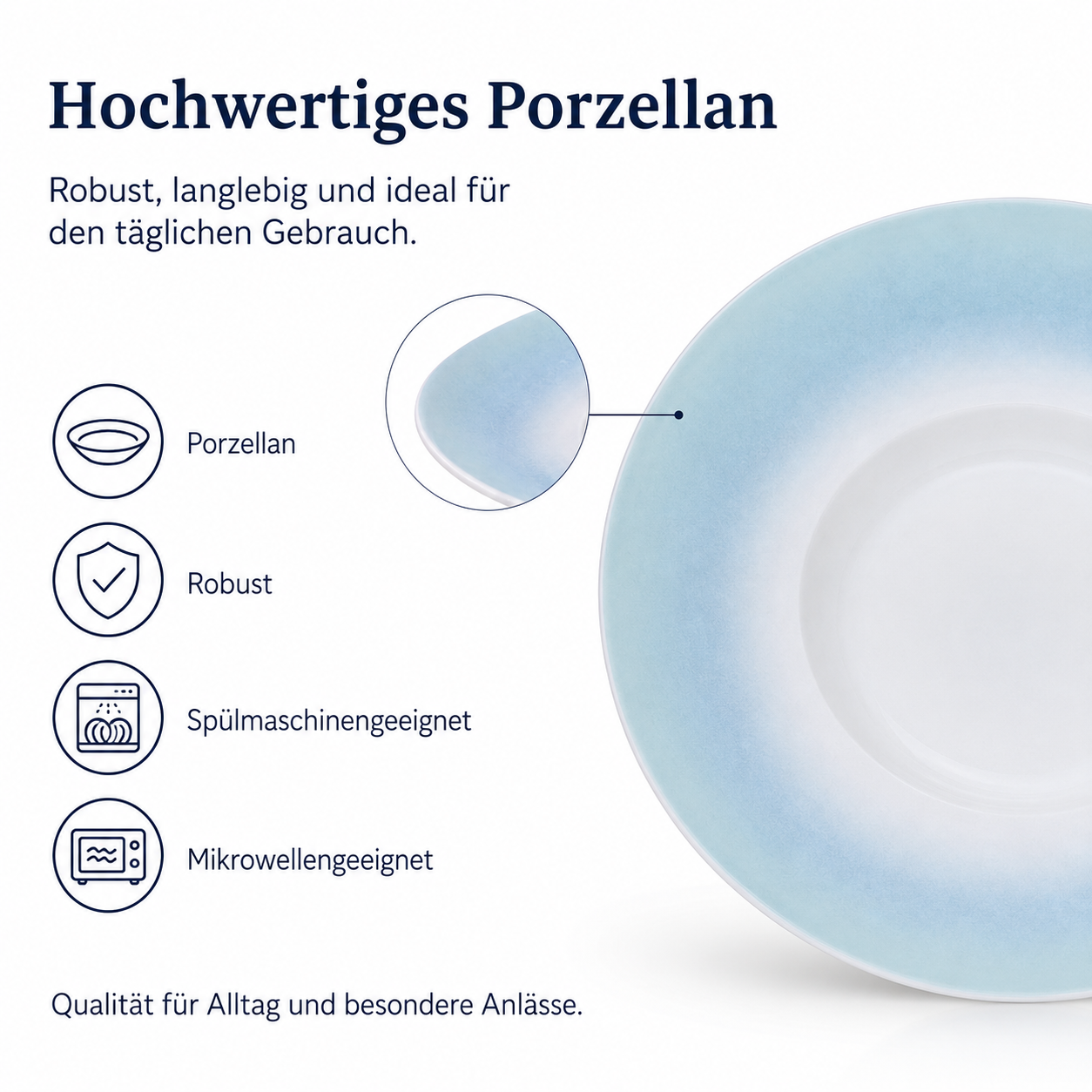 4er-Set Premium Porzellan Pastateller Ø28 cm – Elegantes Ombré-Design in Meeresblau
