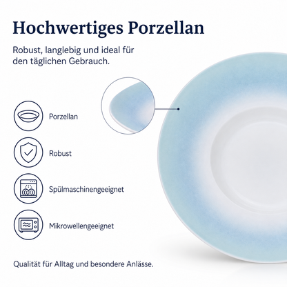 4er-Set Premium Porzellan Pastateller Ø28 cm – Elegantes Ombré-Design in Meeresblau