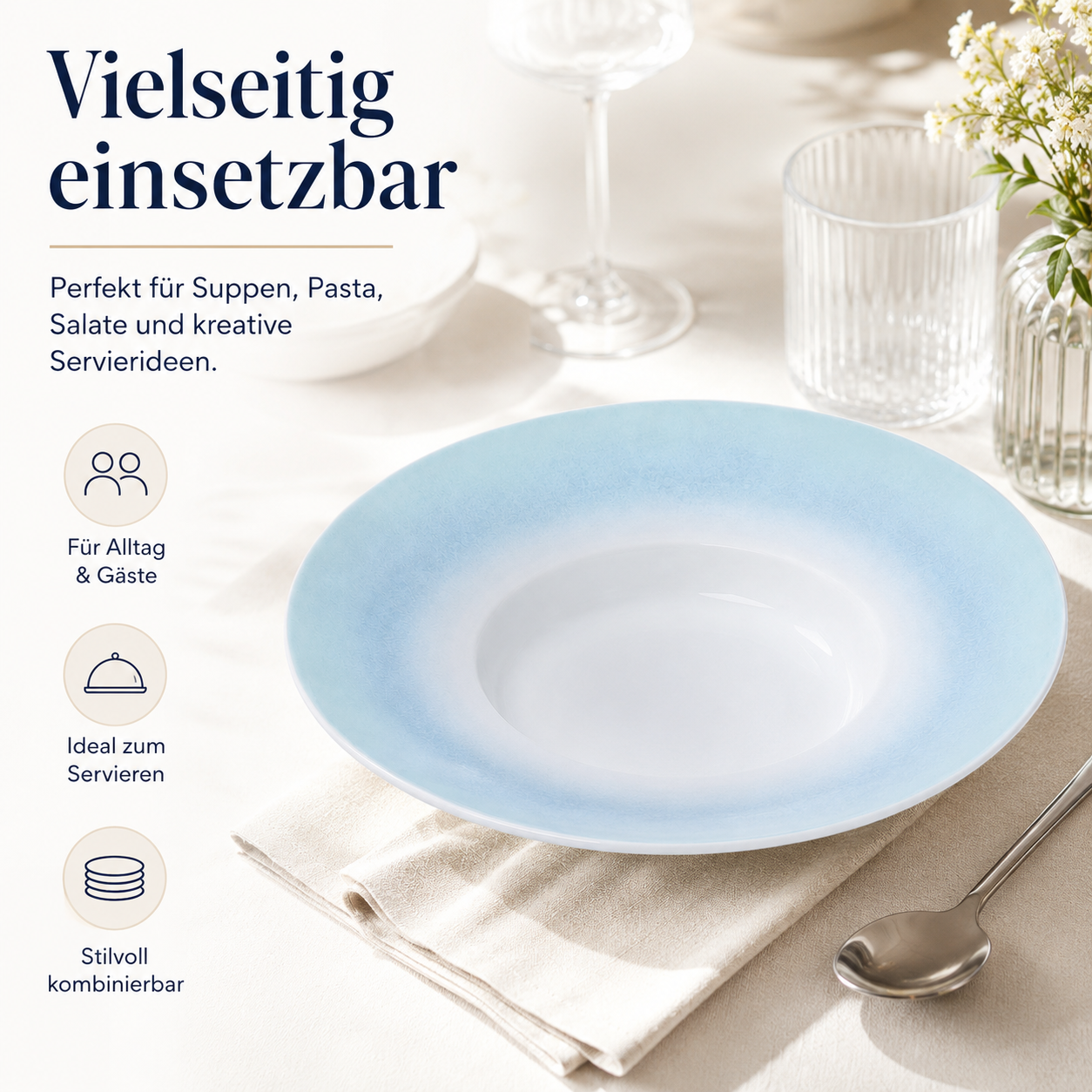 4er-Set Premium Porzellan Pastateller Ø28 cm – Elegantes Ombré-Design in Meeresblau