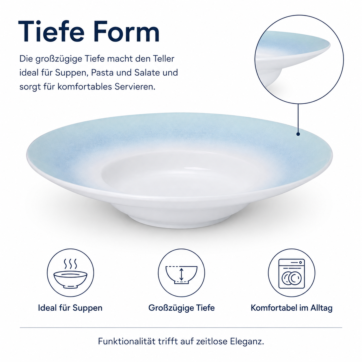 4er-Set Premium Porzellan Pastateller Ø28 cm – Elegantes Ombré-Design in Meeresblau