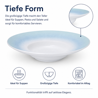 4er-Set Premium Porzellan Pastateller Ø28 cm – Elegantes Ombré-Design in Meeresblau