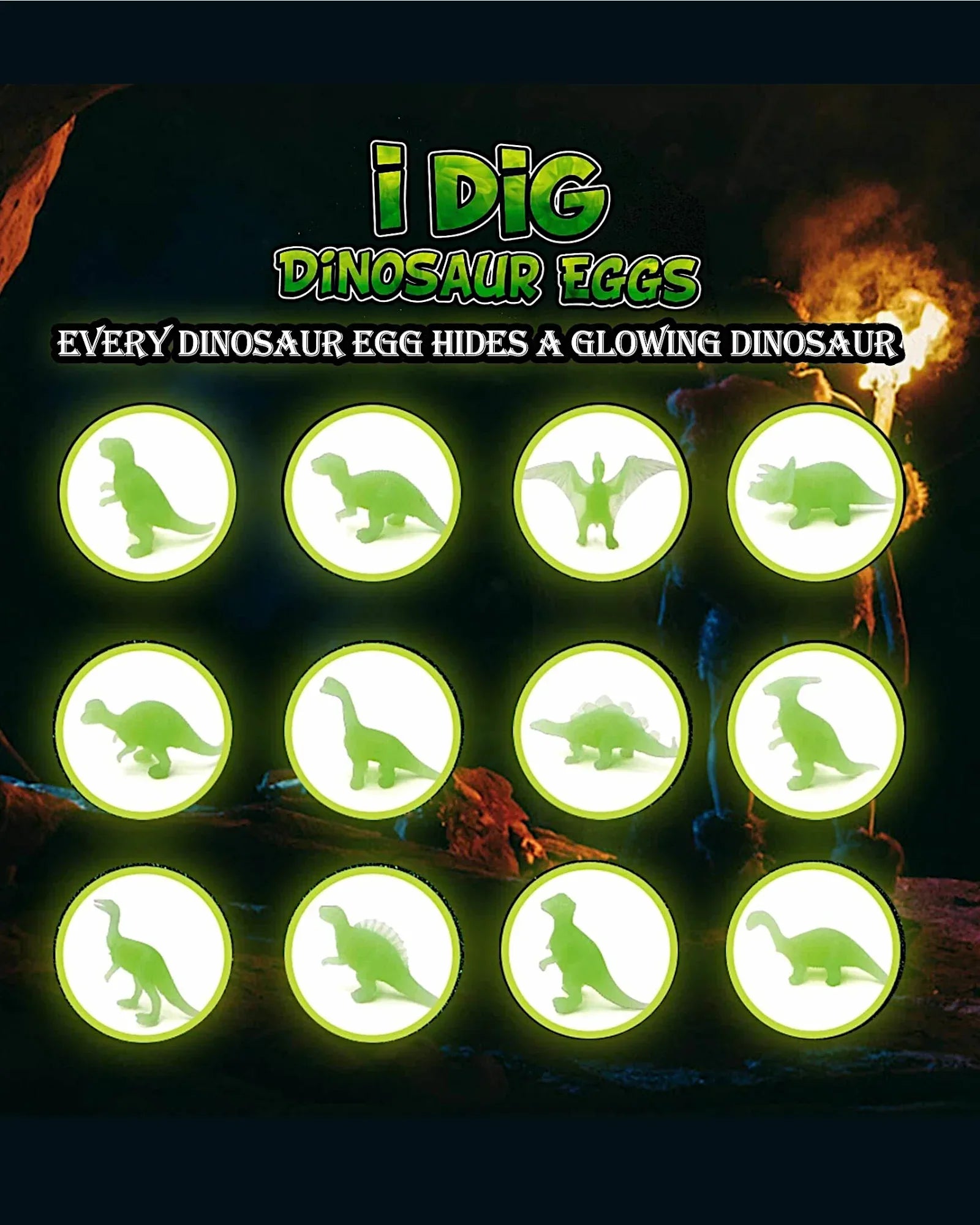 Plastic Glow Dino Egg Dig Kit, 12 Asst - TOLLzWOOD