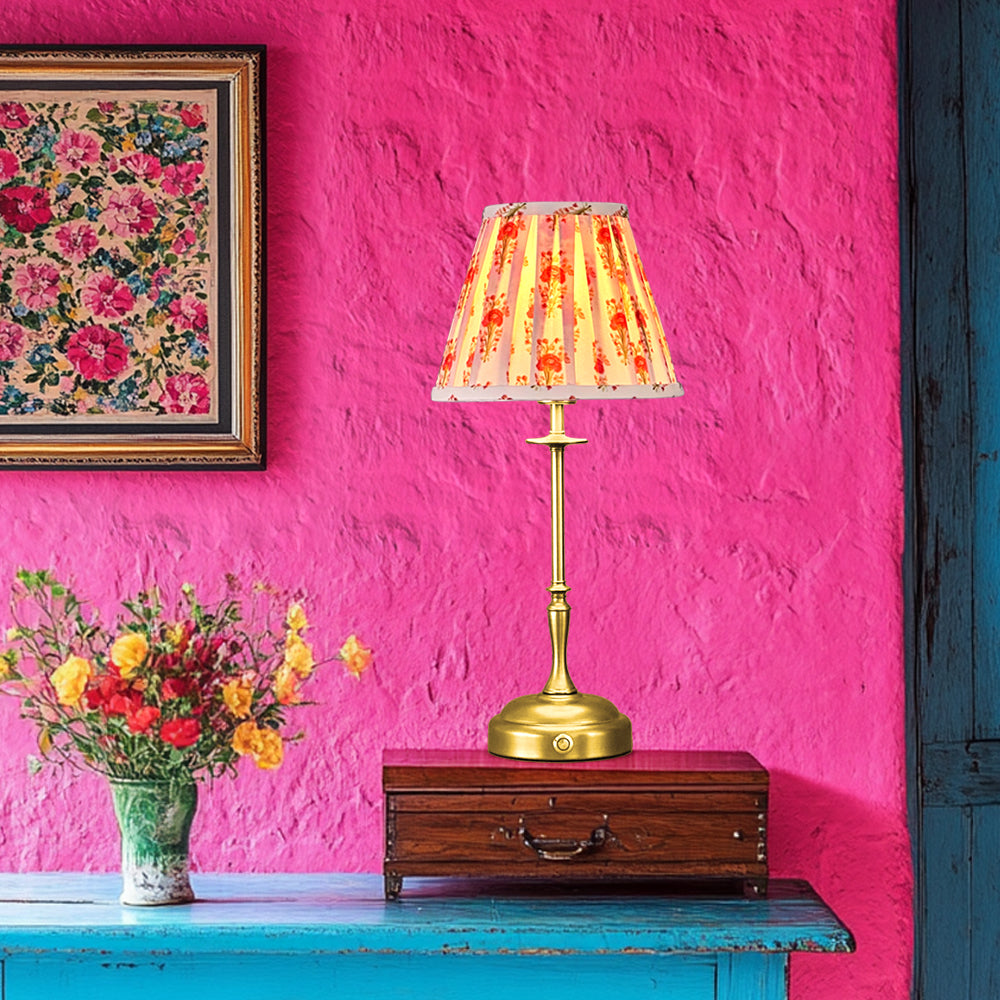 Golden table lamp with fabric shade, dimmable