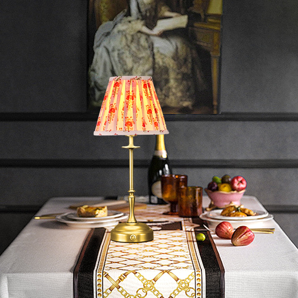 Golden table lamp with fabric shade, dimmable