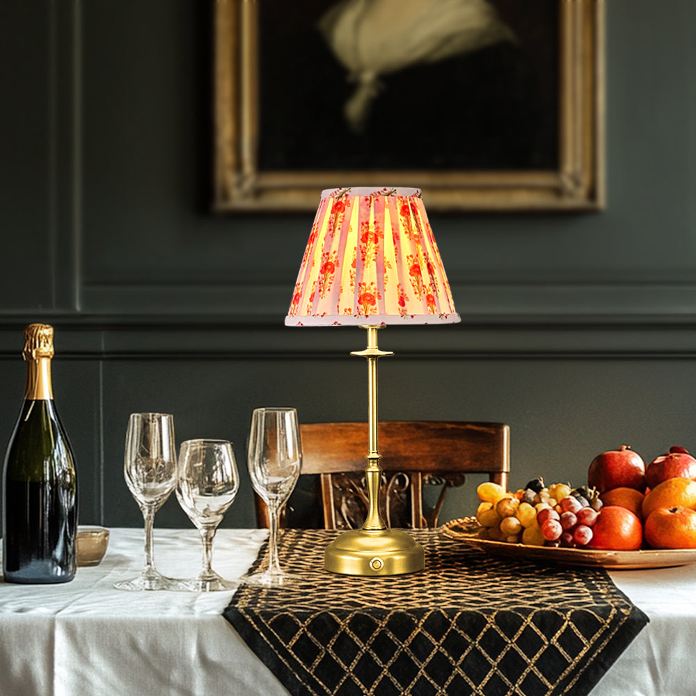 Golden table lamp with fabric shade, dimmable