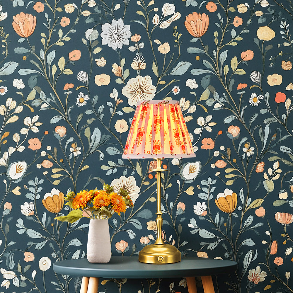 Golden table lamp with fabric shade, dimmable