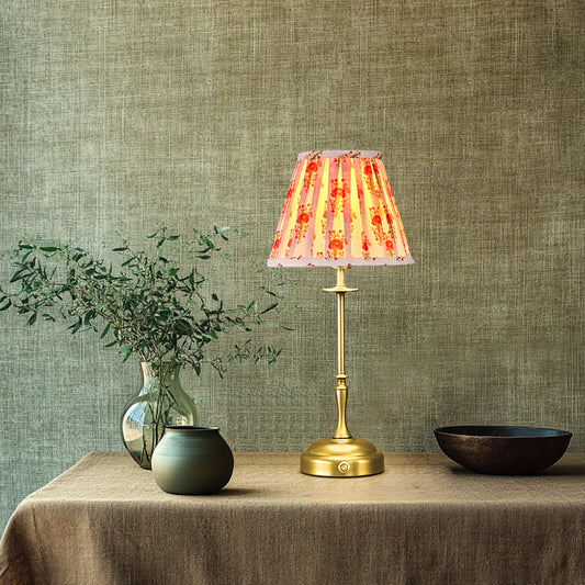 Golden table lamp with fabric shade, dimmable