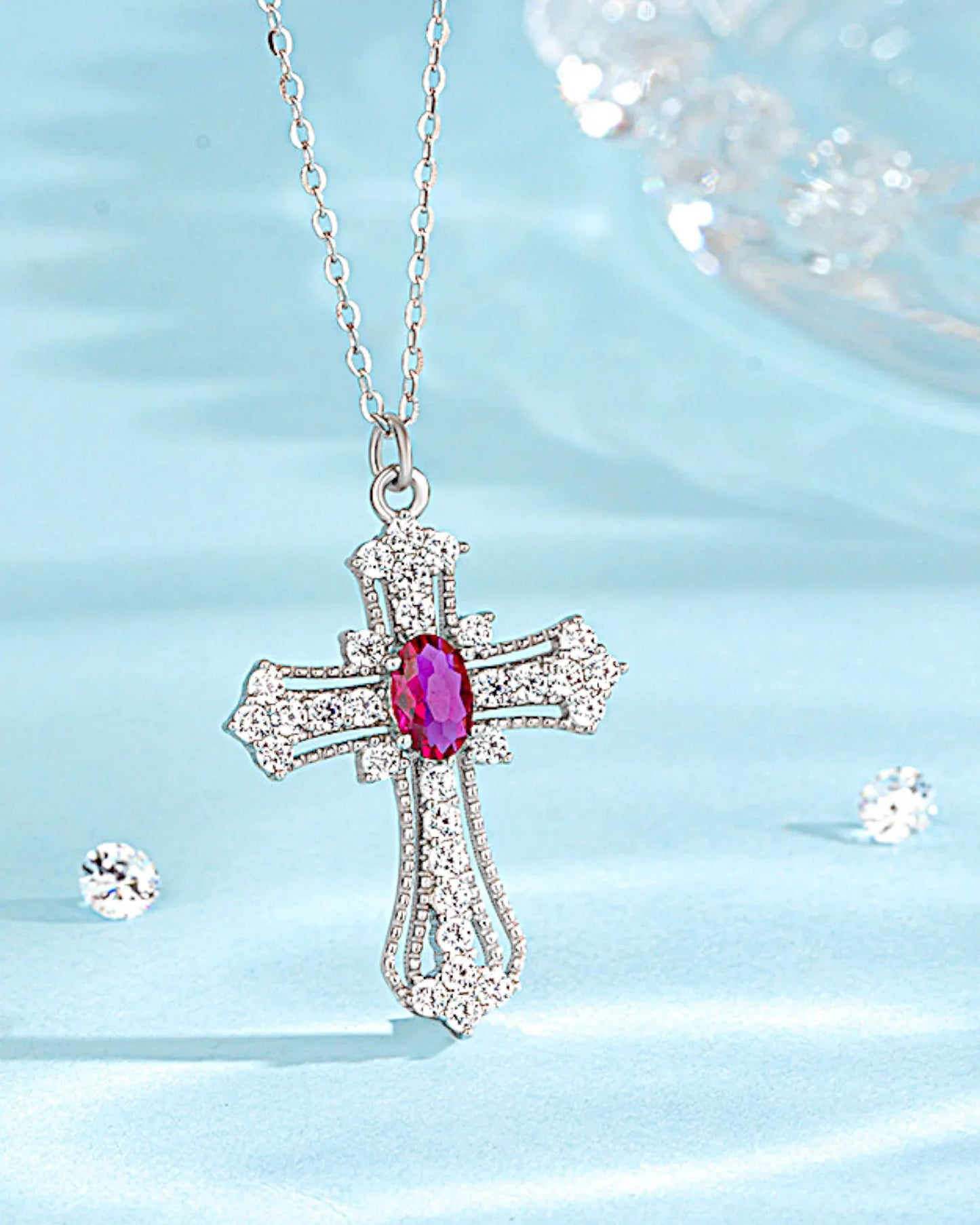 Kreuzkette aus 925er Sterlingsilber mit violettem Zirkonia - TOLLzWOOD
