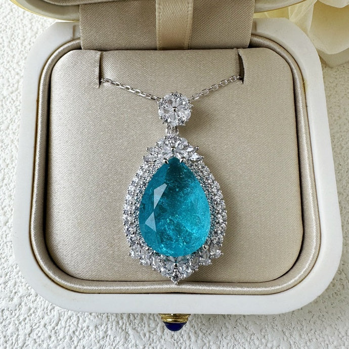 Necklace made of 925 sterling silver with blue cubic zirconia, teardrop shape 